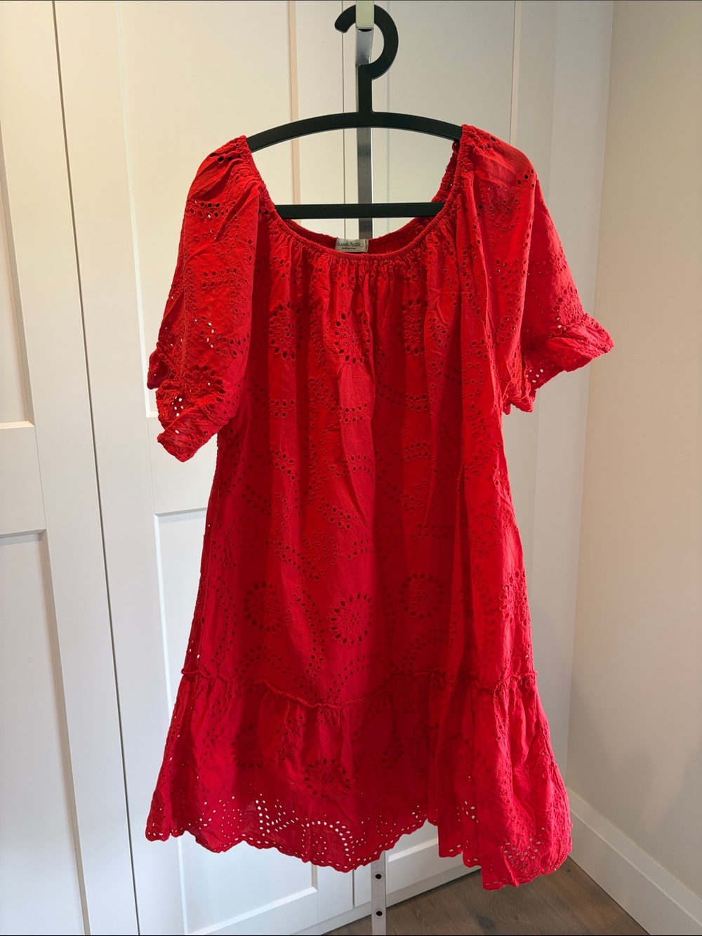 Bright Red Eyelet Dress with Puff Sleeves - Picture 3 of 8